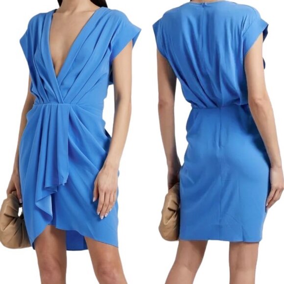 IRO Garm V Neck Wrap-Effect Pleated Crepe Cap Sleeve Mini Dress in Azure Blue - Picture 1 of 16